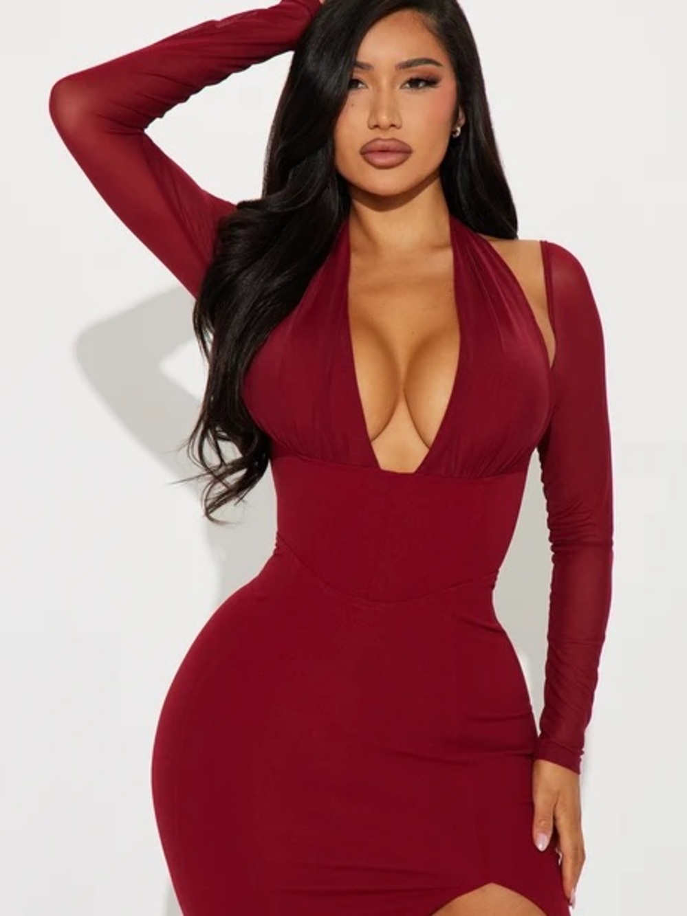 Fashion Nova Burgundy Long Sleeve Plunge Maxi Dress